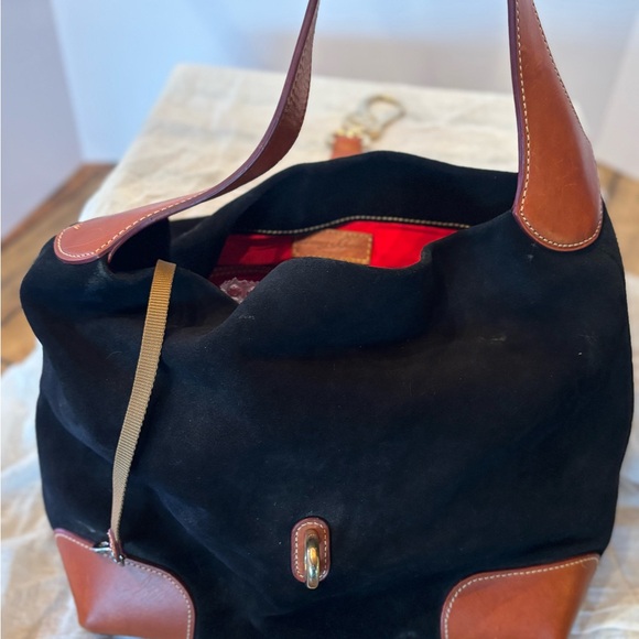 Dooney & Bourke black suede drape tote with brown leather trim. - Picture 9 of 12